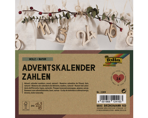 Adventskalender Zahlen aus Holz und Stoffsäckchen