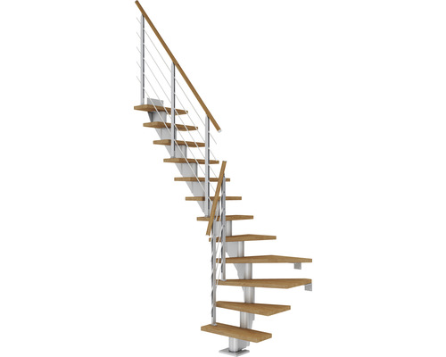 Pertura Mittelholmtreppe Malva Perlgrau 1/4 gewendelt unten links/rechts 65 cm Stabgeländer Eiche Geölt 13 Stufen / 14 Steigungen Wendeltreppe mit Holzstufen und Metallgeländer