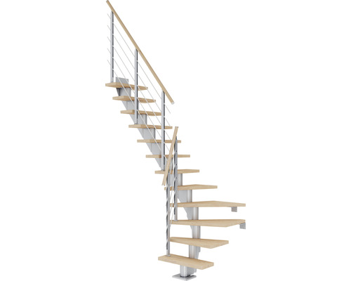 Pertura Mittelholmtreppe Malva Perlgrau 1/4 gewendelt unten links/rechts 65 cm Stabgeländer Eiche Weiss geölt 12 Stufen / 13 Steigungen Treppe mit Holzstufen und Metallgeländer