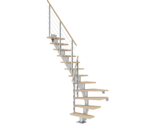 Pertura Mittelholmtreppe Malva Perlgrau 1/4 gewendelt unten links/rechts 65 cm Stabgeländer Eiche Weiss geölt 13 Stufen / 14 Steigungen Raumspartreppe mit Holzstufen und Metallgeländer