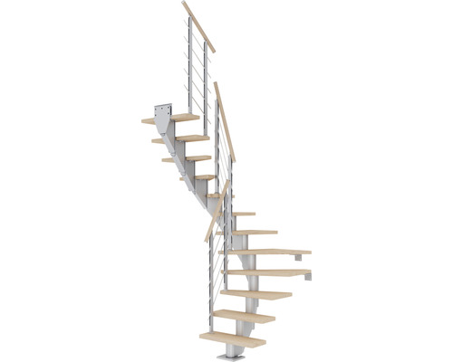 Pertura Mittelholmtreppe Malva Perlgrau 1/2-gewendelt 65 cm Stabgeländer Eiche Weiss geölt 11 Stufen / 12 Steigungen