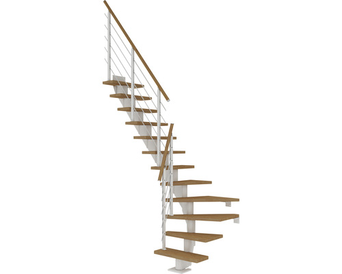 Pertura Mittelholmtreppe Malva Weiß 1/4 gewendelt unten links/rechts 65 cm Stabgeländer Eiche Geölt 11 Stufen / 12 Steigungen