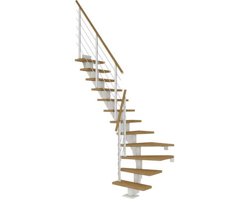 Pertura Mittelholmtreppe Malva Weiß 1/4 gewendelt unten links/rechts 65 cm Stabgeländer Eiche Leimholz Geölt 12 Stufen / 13 Steigungen