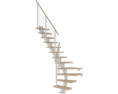 Pertura Mittelholmtreppe Malva Weiß 1/4 gewendelt unten links/rechts 65 cm Stabgeländer Eiche Weiss geölt 13 Stufen / 14 Steigungen Holztreppe mit Metallgeländer