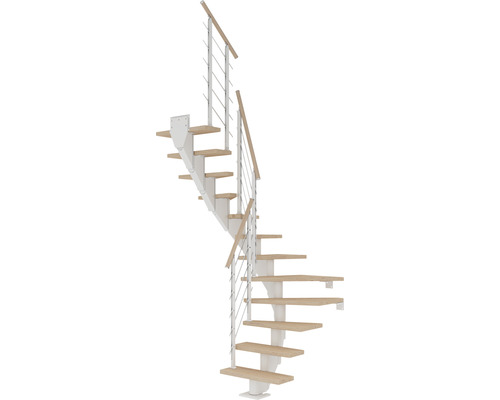 Pertura Mittelholmtreppe Malva Weiß 1/2-gewendelt 65 cm Stabgeländer Eiche Weiss geölt 12 Stufen / 13 Steigungen