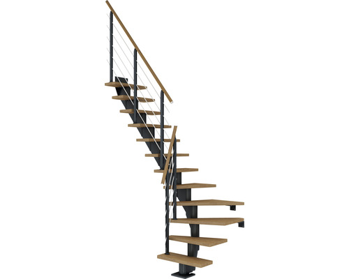 Pertura Mittelholmtreppe Malva Anthrazit 1/4 gewendelt unten links/rechts 65 cm Stabgeländer Eiche Geölt 13 Stufen / 14 Steigungen Raumspartreppe mit Holzstufen und Metallgeländer