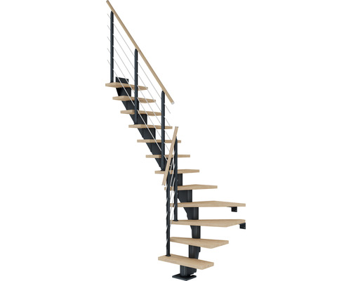 Pertura Mittelholmtreppe Malva Anthrazit 1/4 gewendelt unten links/rechts 65 cm Stabgeländer Eiche Weiss geölt 13 Stufen / 14 Steigungen Raumspartreppe mit Metallgeländer und Holzstufen
