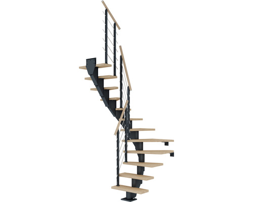 Pertura Mittelholmtreppe Malva Anthrazit 1/2-gewendelt 65 cm Stabgeländer Eiche Weiss geölt 11 Stufen / 12 Steigungen