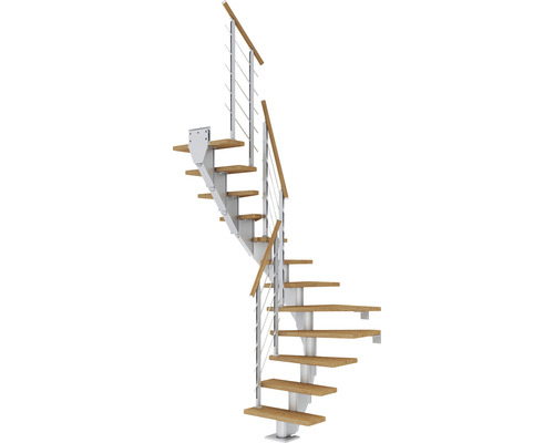 Pertura Mittelholmtreppe Malva Perlgrau 1/2-gewendelt 75 cm Stabgeländer Eiche Geölt 12 Stufen / 13 Steigungen