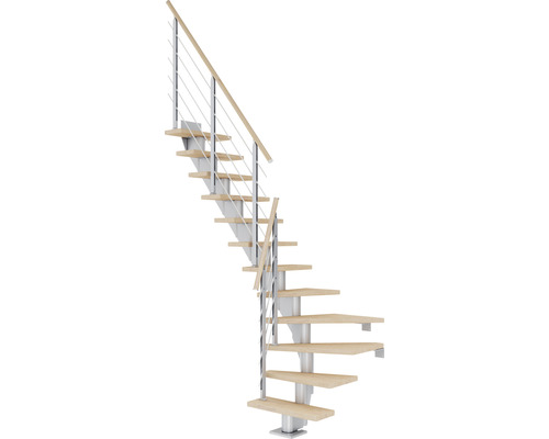 Pertura Mittelholmtreppe Malva Perlgrau 1/4 gewendelt unten links/rechts 75 cm Stabgeländer Eiche Weiss geölt 12 Stufen / 13 Steigungen