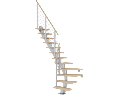 Pertura Mittelholmtreppe Malva Perlgrau 1/4 gewendelt unten links/rechts 75 cm Stabgeländer Eiche Weiss geölt 13 Stufen / 14 Steigungen Raumspartreppe mit Holzstufen und Metallgeländer