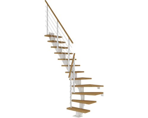 Pertura Mittelholmtreppe Malva Weiß 1/4 gewendelt unten links/rechts 75 cm Stabgeländer Eiche Geölt 11 Stufen / 12 Steigungen