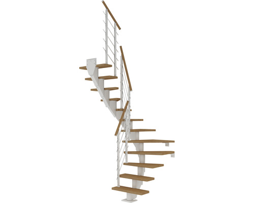 Pertura Mittelholmtreppe Malva Weiß 1/2-gewendelt 75 cm Stabgeländer Eiche Geölt 12 Stufen / 13 Steigungen Pertura Mittelholmtreppe Malva Weiß 1/2-gewendelt 75 cm Stabgeländer Eiche Geölt 12 Stufen / 13 Steigungen