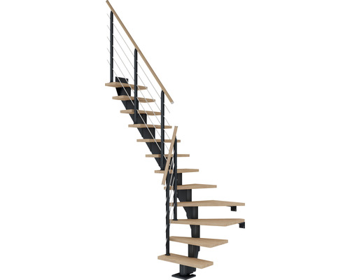 Pertura Mittelholmtreppe Malva Anthrazit 1/4 gewendelt unten links/rechts 75 cm Stabgeländer Eiche Weiss geölt 12 Stufen / 13 Steigungen Holztreppe mit Metallgeländer