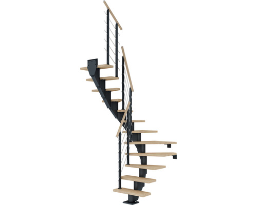 Pertura Mittelholmtreppe Malva Anthrazit 1/2-gewendelt 75 cm Stabgeländer Eiche Weiss geölt 13 Stufen / 14 Steigungen Pertura Mittelholmtreppe Malva Anthrazit 1/2-gewendelt 75 cm Stabgeländer Eiche Weiss geölt 13 Stufen / 14 Steigungen