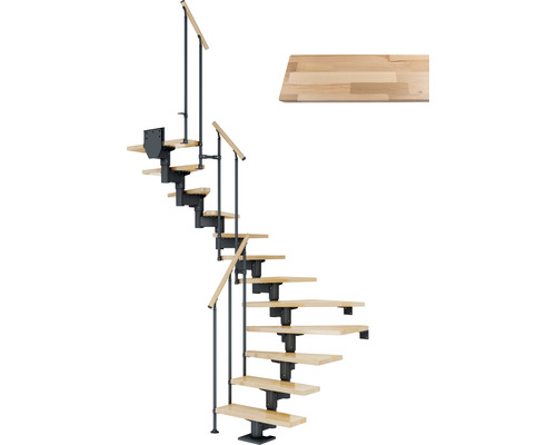 Pertura Mittelholmtreppe Chiron Anthrazit 1/2-gewendelt 75 cm Stabgeländer Buche Leimholz Lackiert 13 Stufen / 14 Steigungen