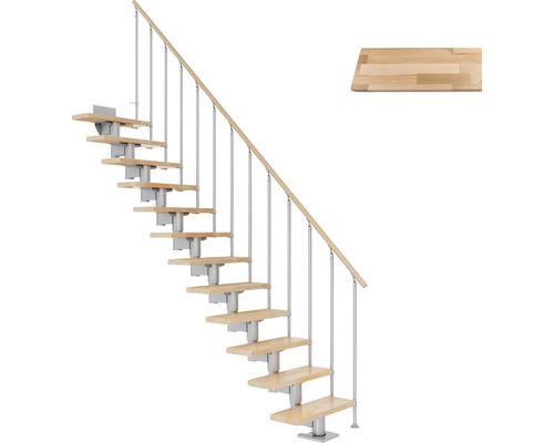 Pertura Mittelholmtreppe Chiron Perlgrau 75 cm Stabgeländer Buche Leimholz Lackiert 14 Stufen 15 Steigungen