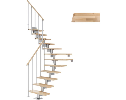 Pertura Mittelholmtreppe Chiron Perlgrau 75 cm Stabgeländer Buche Leimholz Lackiert 11 Stufen 12 Steigungen