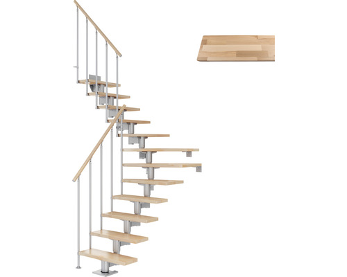 Pertura Mittelholmtreppe Chiron Perlgrau 1/4 gewendelt unten links/rechts 75 cm Stabgeländer Buche Leimholz Lackiert 12 Stufen / 13 Steigungen