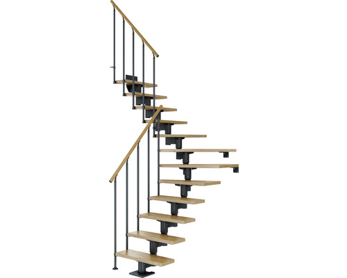 Pertura Mittelholmtreppe Chiron Anthrazit 1/4 gewendelt unten links/rechts 75 cm Stabgeländer Eiche Lackiert 14 Stufen / 15 Steigungen Raumspartreppe mit Holzstufen und Metallgeländer