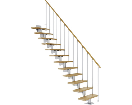 Pertura Mittelholmtreppe Chiron Perlgrau 75 cm Stabgeländer Eiche Leimholz Lackiert 13 Stufen 14 Steigungen