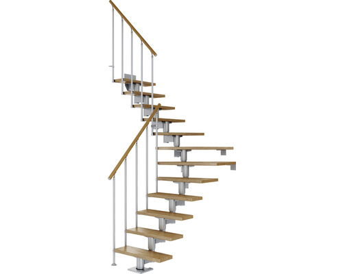 Pertura Mittelholmtreppe Chiron Perlgrau 1/4 gewendelt unten links/rechts 75 cm Stabgeländer Eiche Lackiert 14 Stufen / 15 Steigungen Wendeltreppe mit Holzstufen und Geländer aus Metall