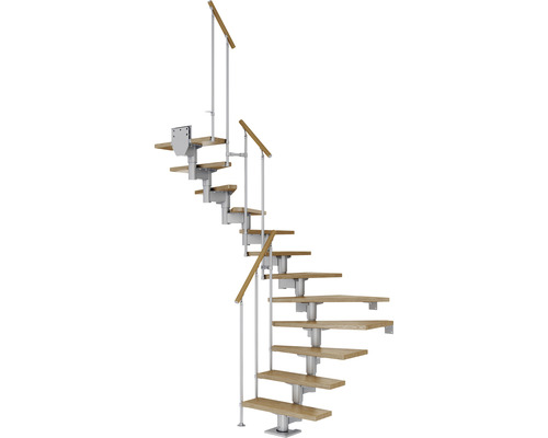 Pertura Mittelholmtreppe Chiron Perlgrau 75 cm Stabgeländer Eiche Leimholz Lackiert 13 Stufen 14 Steigungen