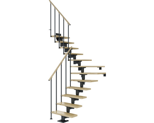 Pertura Mittelholmtreppe Chiron Anthrazit 1/4 gewendelt unten links/rechts 75 cm Stabgeländer Ahorn Leimholz Lackiert 14 Stufen / 15 Steigungen