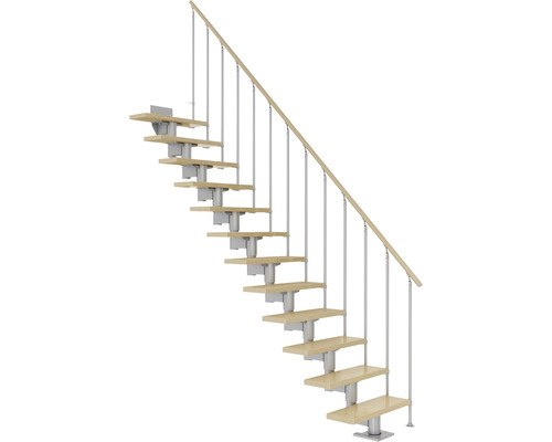 Pertura Mittelholmtreppe Chiron Perlgrau Gerade 75 cm Stabgeländer Ahorn Leimholz Lackiert 13 Stufen / 14 Steigungen