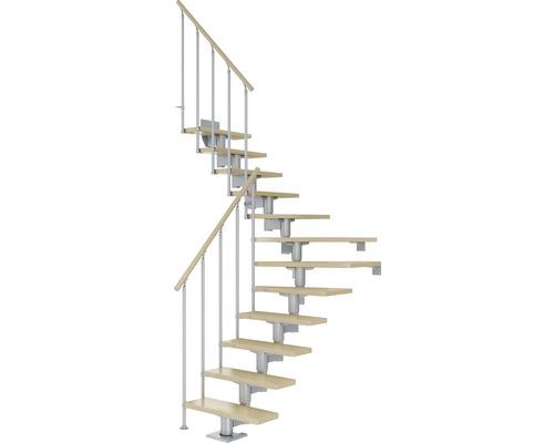 Pertura Mittelholmtreppe Chiron Perlgrau 1/4 gewendelt unten links/rechts 75 cm Stabgeländer Ahorn Leimholz Lackiert 11 Stufen / 12 Steigungen