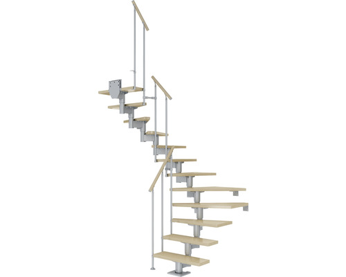 Pertura Mittelholmtreppe Chiron Perlgrau 1/2-gewendelt 75 cm Stabgeländer Ahorn Leimholz Lackiert 11 Stufen / 12 Steigungen