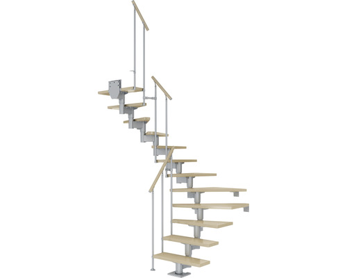 Pertura Mittelholmtreppe Chiron Perlgrau 1/2-gewendelt 75 cm Stabgeländer Ahorn Leimholz Lackiert 13 Stufen / 14 Steigungen