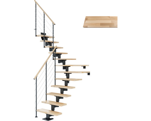 Pertura Mittelholmtreppe Chiron Anthrazit 1/4 gewendelt unten links/rechts 75 cm Relinggeländer Buche Leimholz Lackiert 11 Stufen / 12 Steigungen