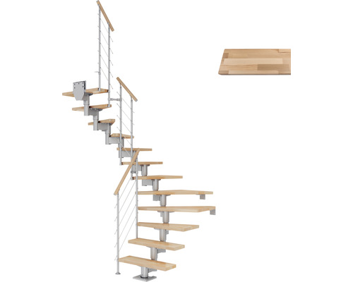 Pertura Mittelholmtreppe Chiron Perlgrau 1/2-gewendelt 75 cm Relinggeländer Buche Leimholz Lackiert 11 Stufen / 12 Steigungen