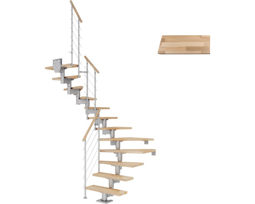 Pertura Mittelholmtreppe Chiron Perlgrau 1/2-gewendelt 75 cm Relinggeländer Buche Leimholz Lackiert 14 Stufen / 15 Steigungen