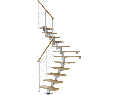 Pertura Mittelholmtreppe Chiron Perlgrau 1/4 gewendelt unten links/rechts 75 cm Relinggeländer Eiche Lackiert 14 Stufen / 15 Steigungen Wendeltreppe mit Holzstufen und Geländer