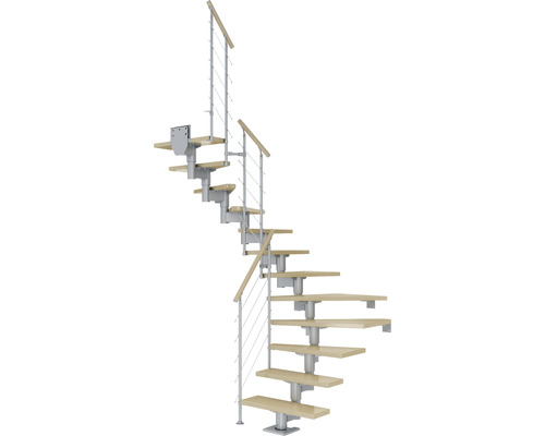 Pertura Mittelholmtreppe Chiron Perlgrau 1/2-gewendelt 75 cm Relinggeländer Ahorn Leimholz Lackiert 11 Stufen / 12 Steigungen