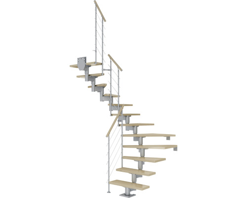 Pertura Mittelholmtreppe Chiron Perlgrau 1/2-gewendelt 75 cm Relinggeländer Ahorn Leimholz Lackiert 12 Stufen / 13 Steigungen