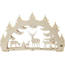 Dekorative Fensterbeleuchtung aus Holz mit Waldmotiv und Hirschfamilie