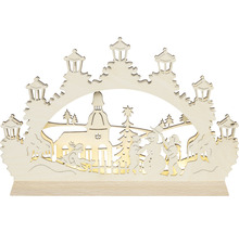 Holz Lichterbogen mit Winterdorf-Motiv und Beleuchtung
