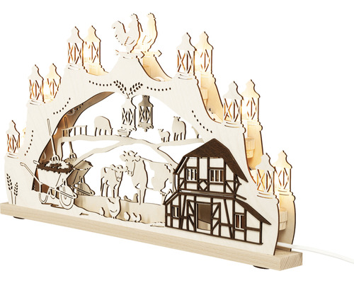 Holzschibbogen mit Bauernhofszene und Beleuchtung