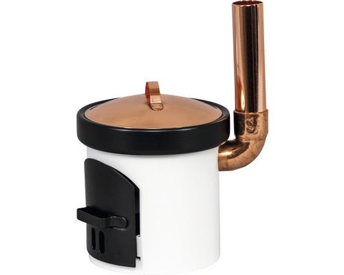 Miniatur-Räucherofen mit kupferfarbenem Deckel und schwarzer Tür