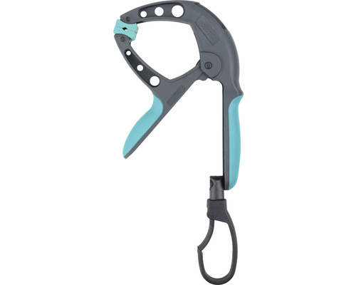 Einhandzwinge mit drehbarem Haken zur Werkstückfixierung.