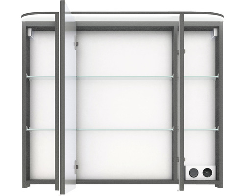 Offener Spiegelschrank mit Glasablagen und Steckdosen