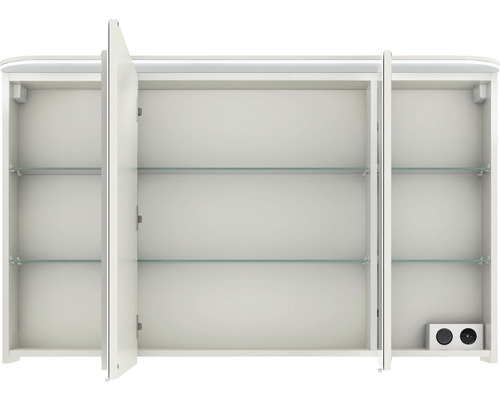 Offener dreitüriger Spiegelschrank mit Glasablagen für das Badezimmer