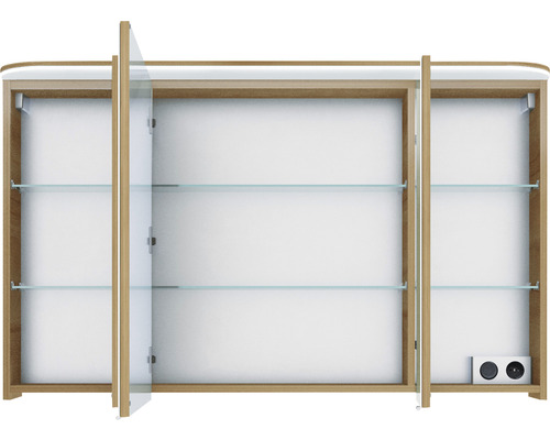 Geöffneter Spiegelschrank mit Glasablagen und Steckdose