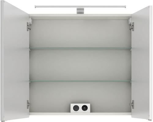 Offener Spiegelschrank mit zwei Glasböden und Steckdose