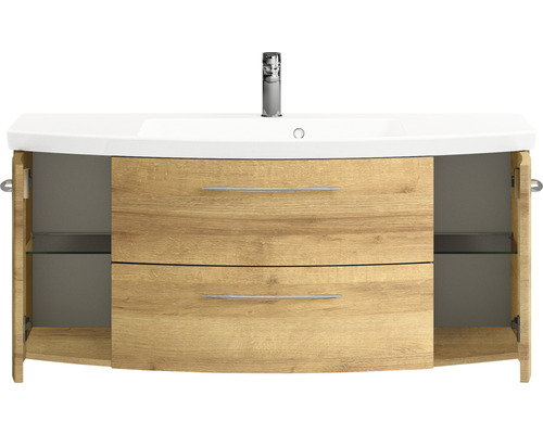 Waschtischunterschrank mit offenem Schrankfach, Schubladen, Waschbecken und Armatur