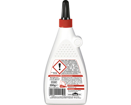 Rückseite einer Flasche Ponall Holzleim mit Warnhinweisen und Anwendungshinweisen.