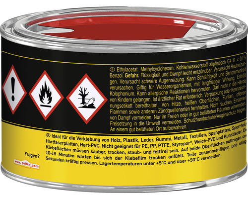 Dose mit Klebstoff und Gefahrenhinweisen